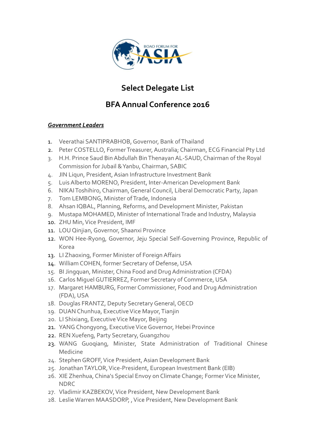 Select Delegate List BFA Annual Conference 2016