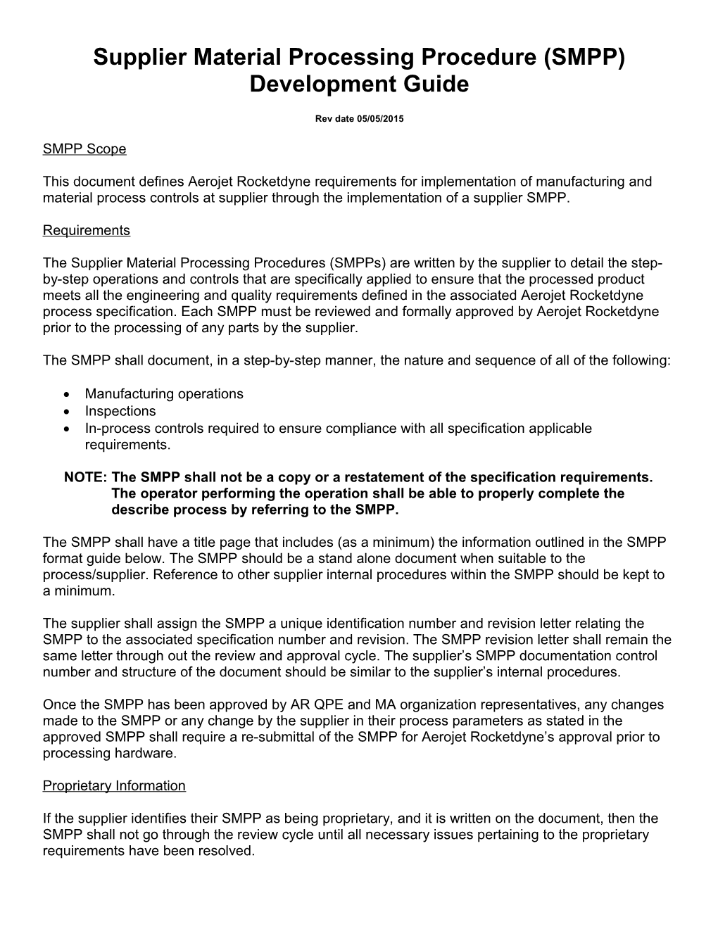 Supplier Material Processing Procedure (SMPP)