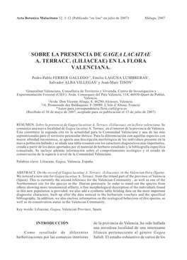 Sobre La Presencia De Gagea Lacaitae A. Terracc. (Liliaceae) En La Flora Valenciana