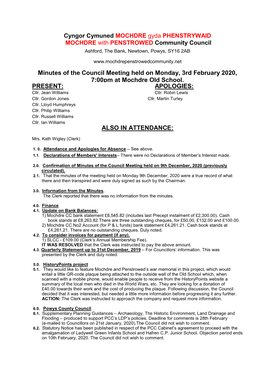 Minutes of the Council Meeting Held on Monday, 3Rd February 2020, 7:00Pm at Mochdre Old School