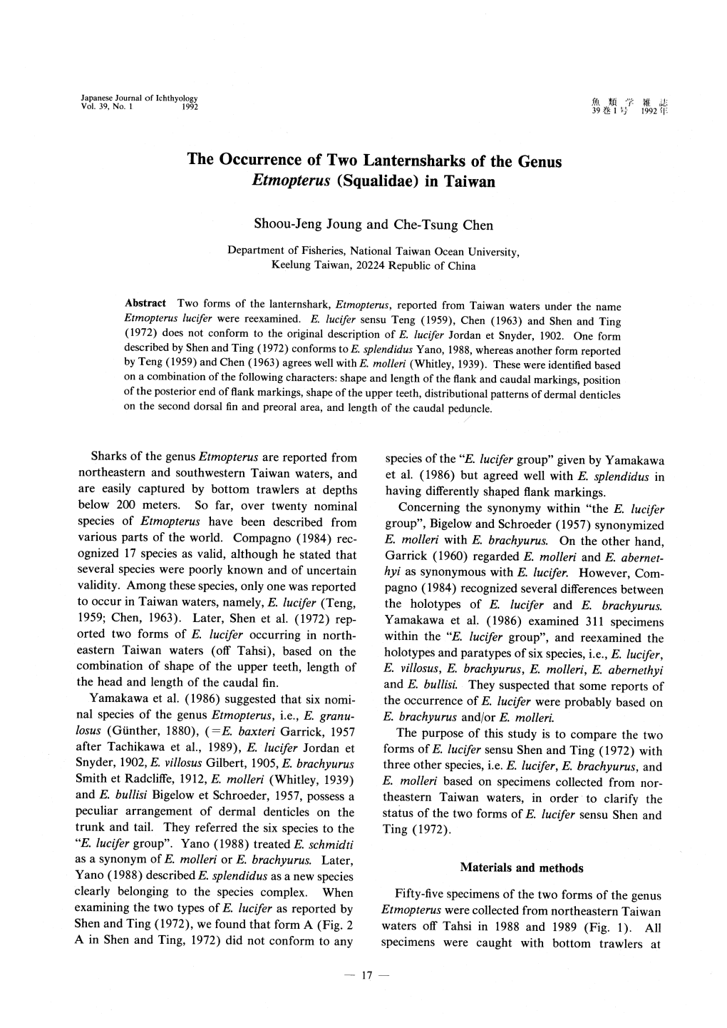 The Occurrence of Two Lanternsharks of the Genus Etmopterus (Squalidae) in Taiwan