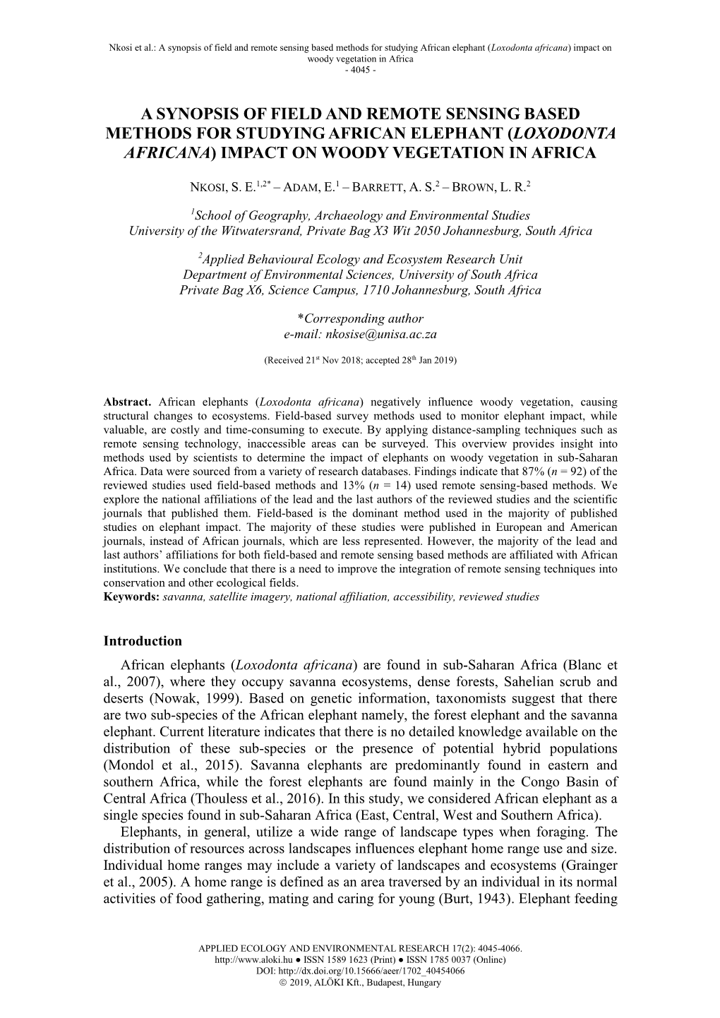 A Synopsis of Field and Remote Sensing Based Methods for Studying African Elephant (Loxodonta Africana) Impact on Woody Vegetation in Africa - 4045