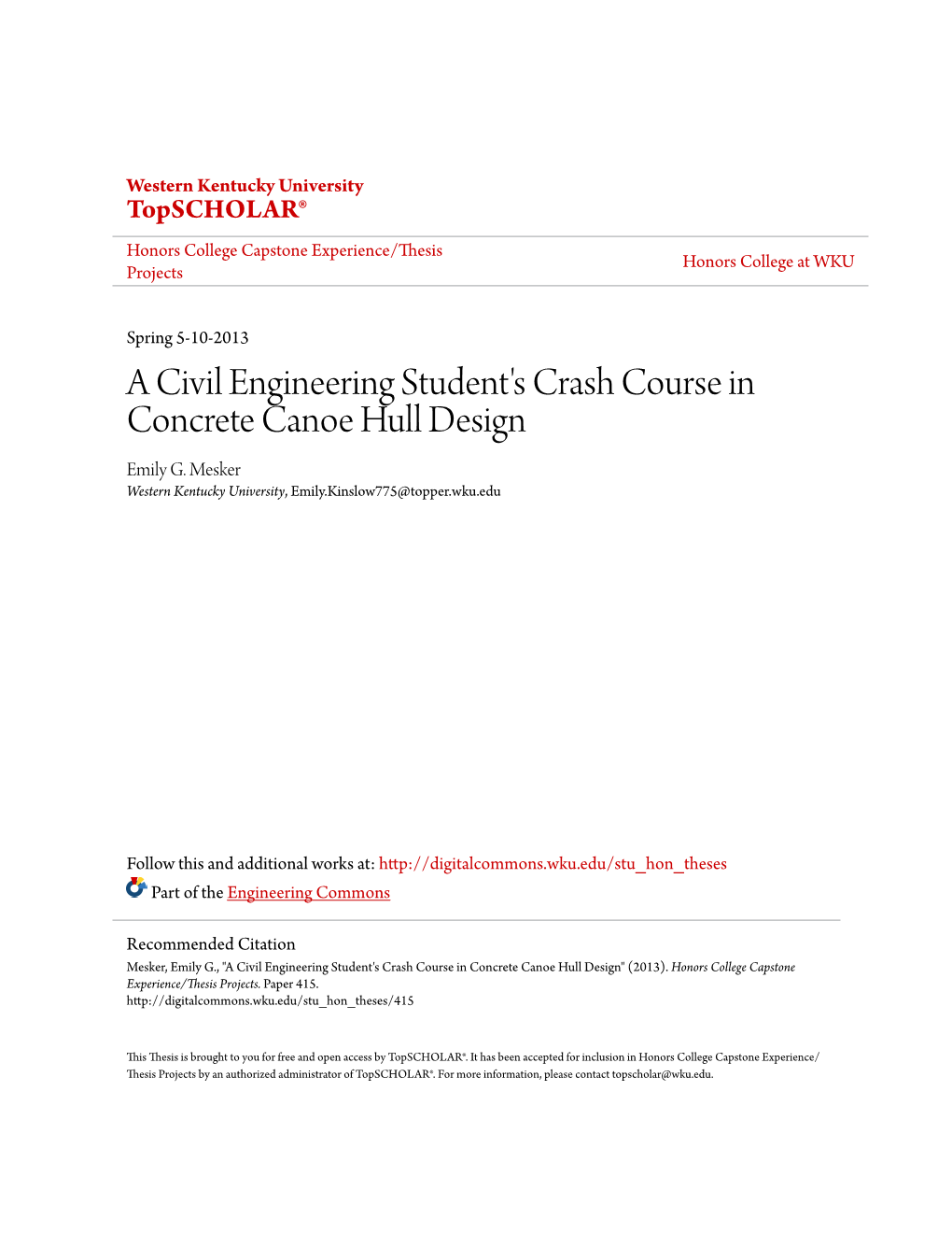A Civil Engineering Student's Crash Course in Concrete Canoe Hull Design Emily G