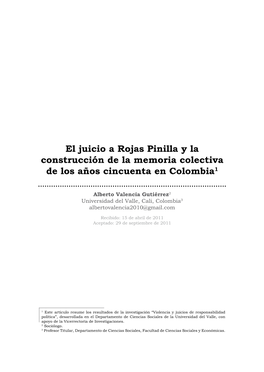 El Juicio a Rojas Pinilla Y La Construcción De La Memoria Colectiva De Los Años Cincuenta En Colombia1