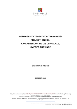 Heritage Statement for Thabametsi Project, 2327Cb, Vaalpensloop 313 Lq, Lephalale, Limpopo Province