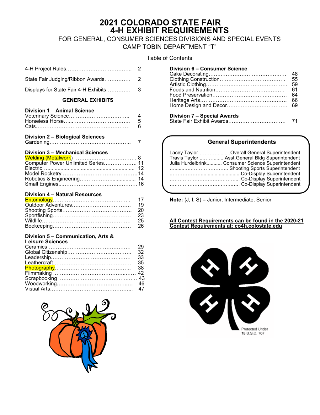 2021 Colorado State Fair 4-H Exhibit Requirements for General, Consumer Sciences Divisions and Special Events Camp Tobin Department “T”