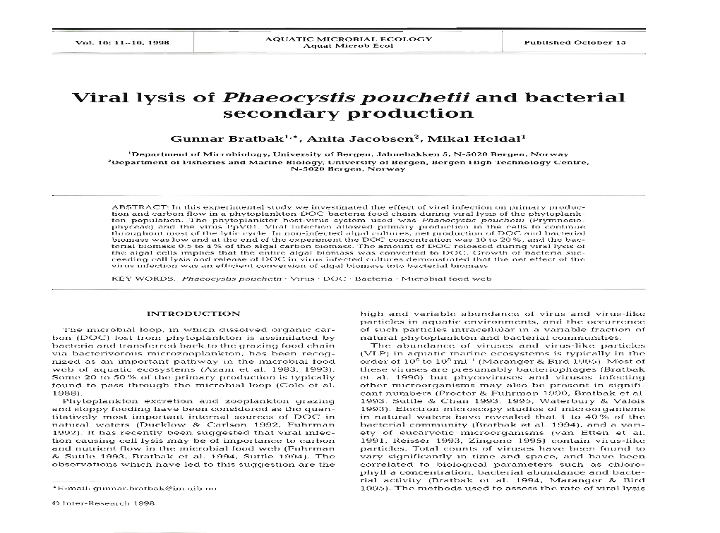 Viral Lysis of Phaeocystis Pouchetii and Bacterial Secondary Production