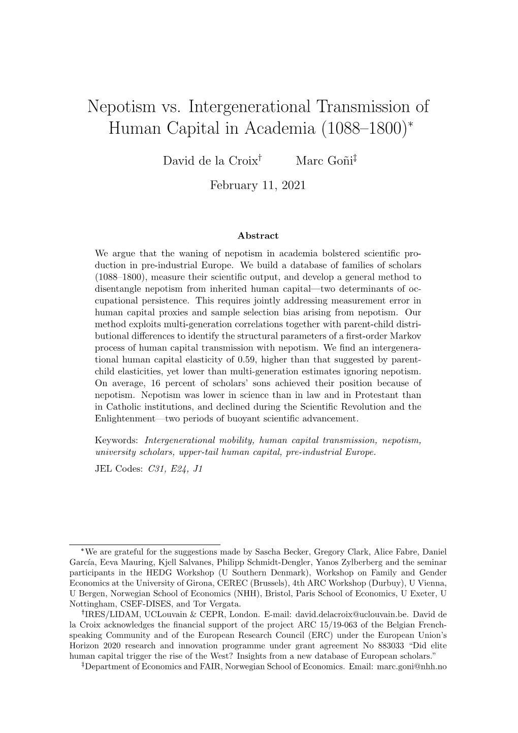 Nepotism Vs. Intergenerational Transmission of Human Capital in Academia (1088–1800)*