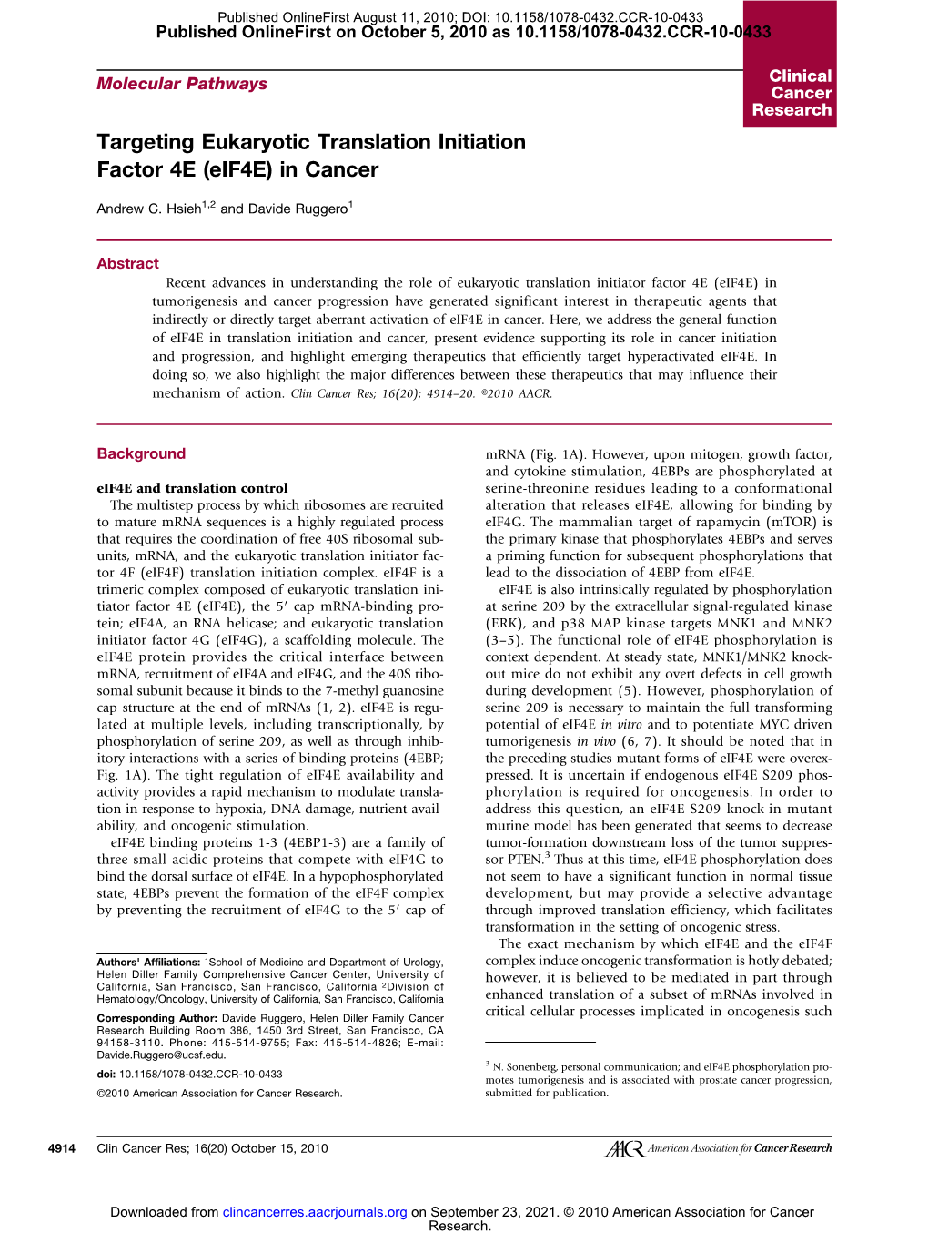 Targeting Eukaryotic Translation Initiation Factor 4E (Eif4e) in Cancer