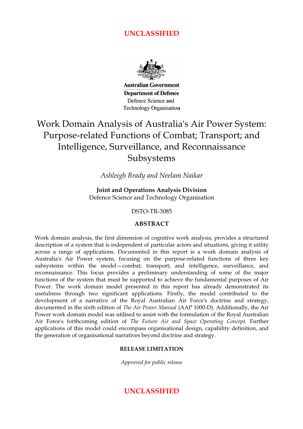 Work Domain Analysis of Australia's Air Power System: Purpose-Related Functions of Combat; Transport; and Intelligence, Surveillance, and Reconnaissance Subsystems