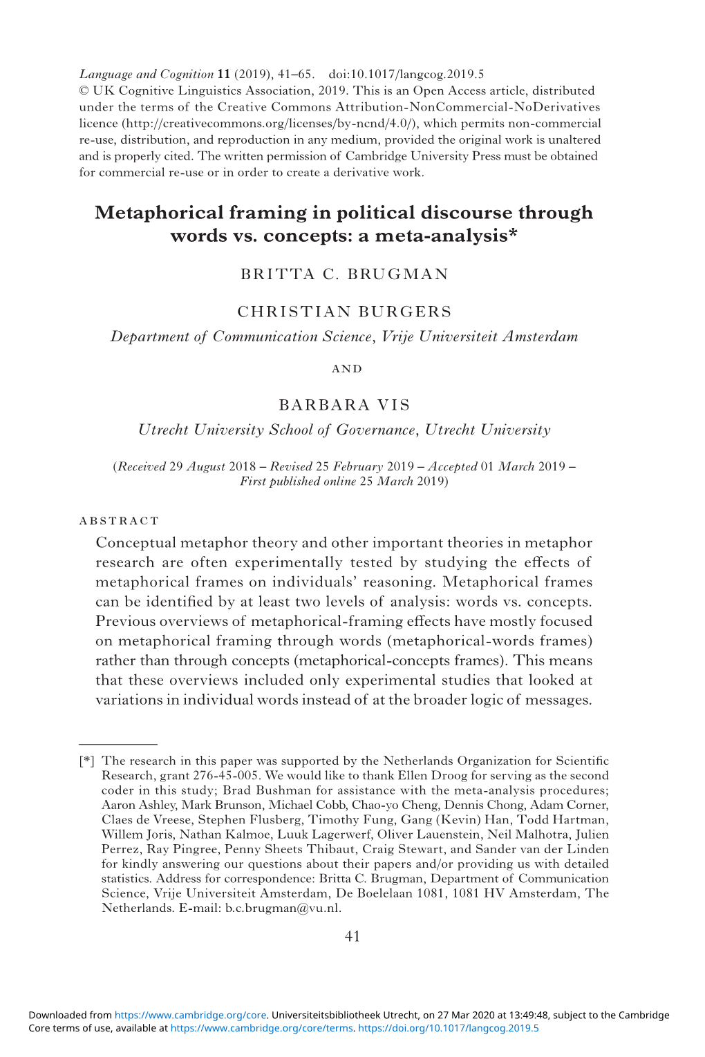 Metaphorical Framing in Political Discourse Through Words Vs. Concepts: a Meta-Analysis*