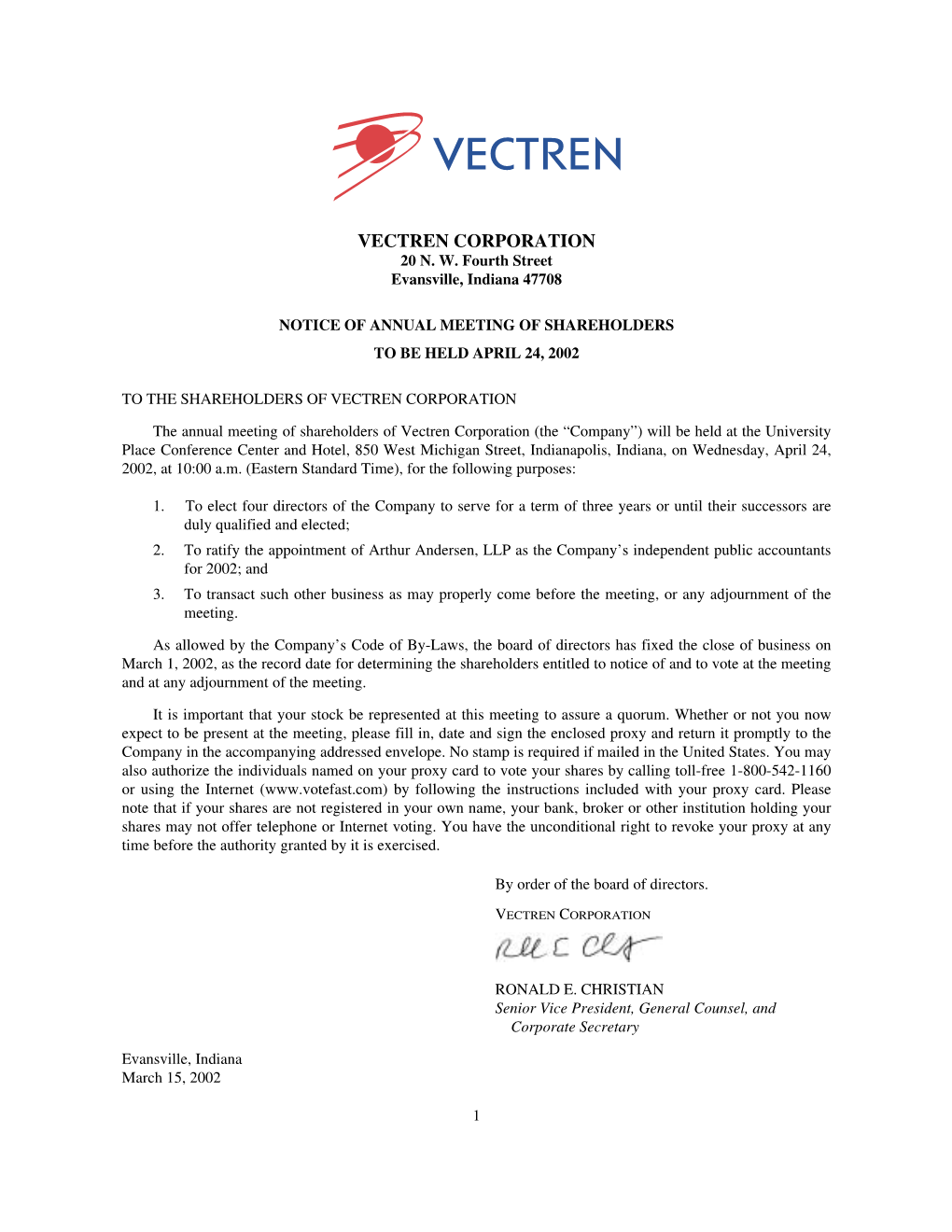 Vectren Corporation 20 N