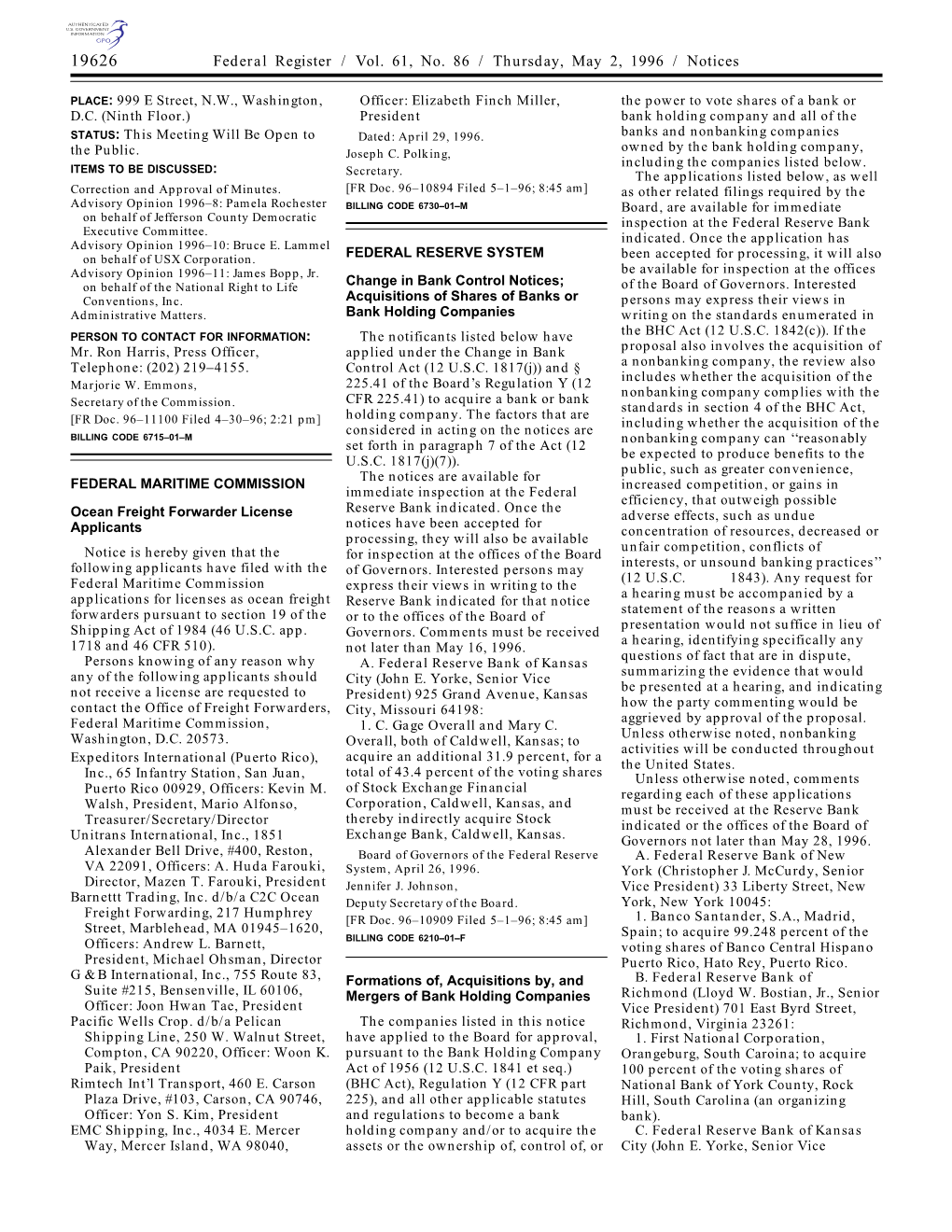 Federal Register / Vol. 61, No. 86 / Thursday, May 2, 1996 / Notices