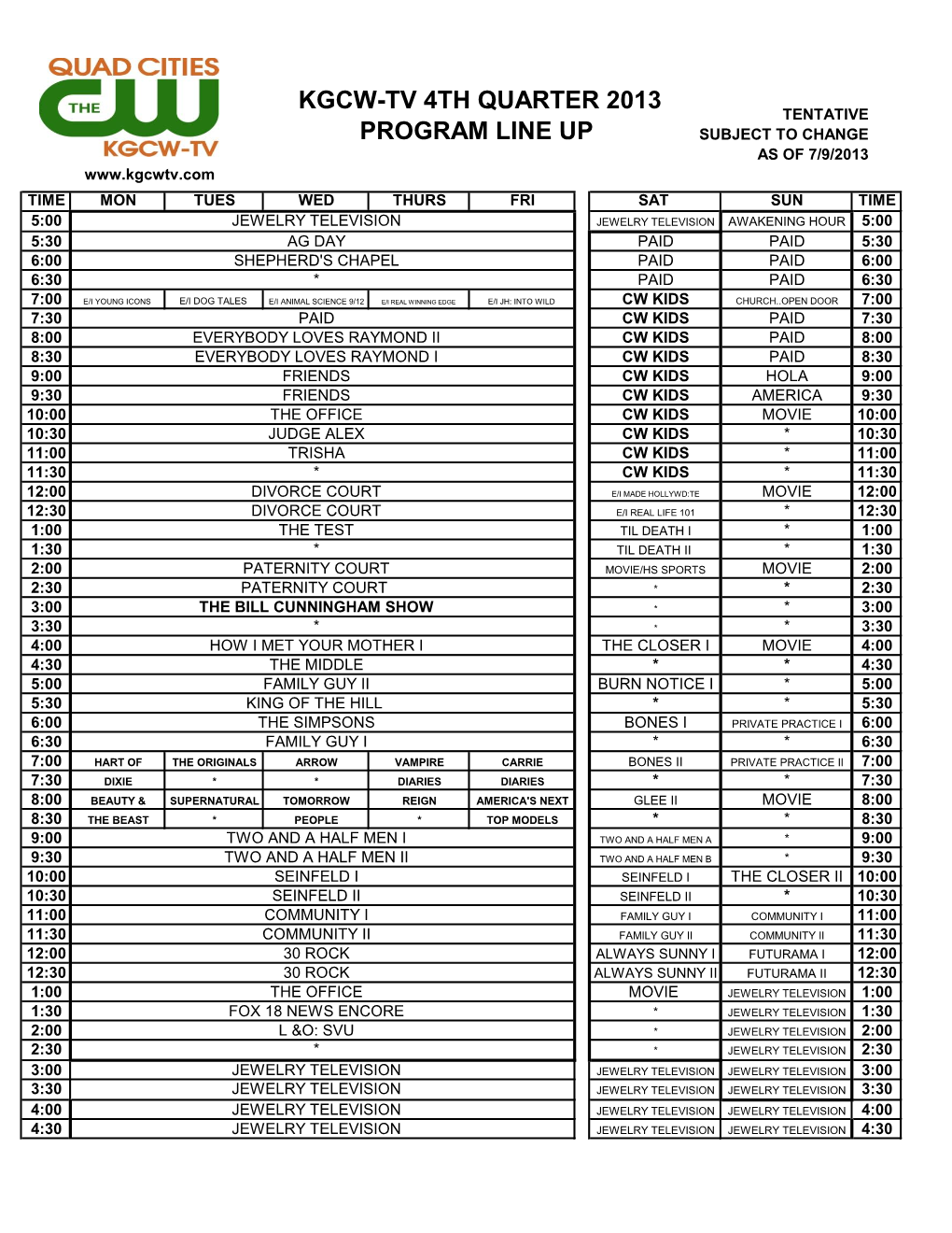 Kgcw-Tv 4Th Quarter 2013 Program Line Up