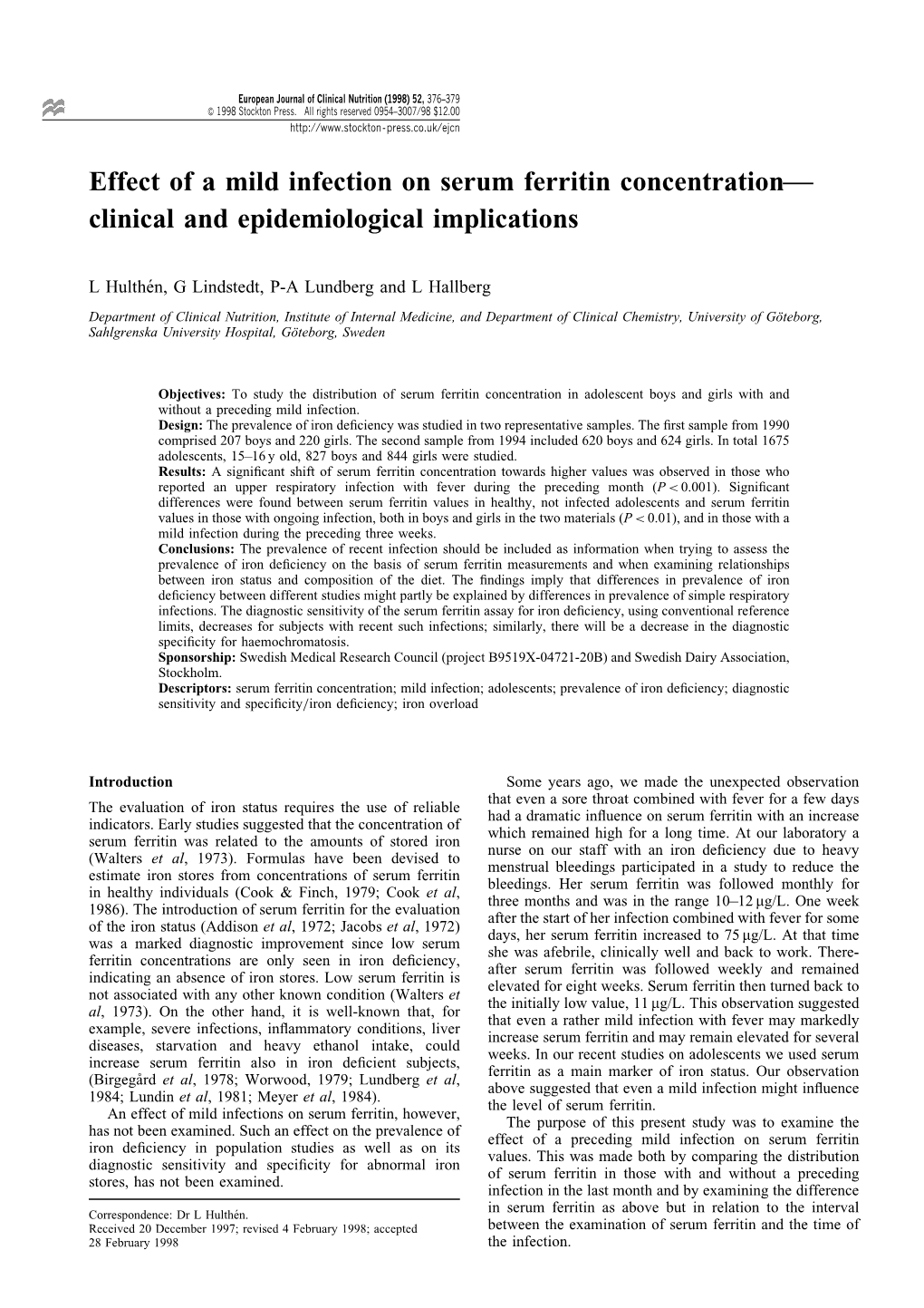 Effect of a Mild Infection on Serum Ferritin Concentrationð Clinical and Epidemiological Implications