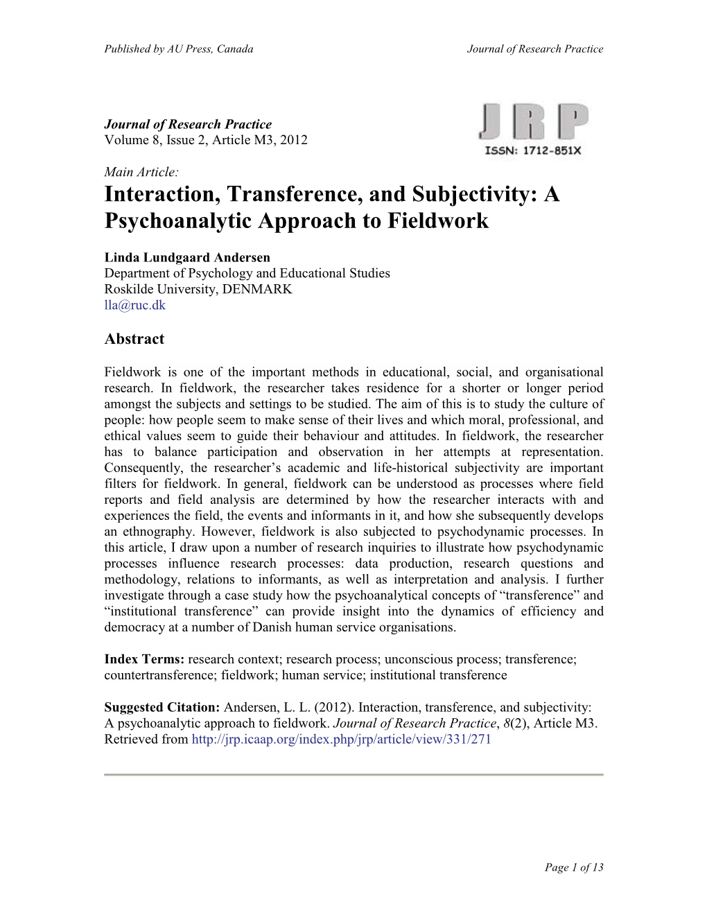 Interaction, Transference, and Subjectivity: a Psychoanalytic Approach to Fieldwork
