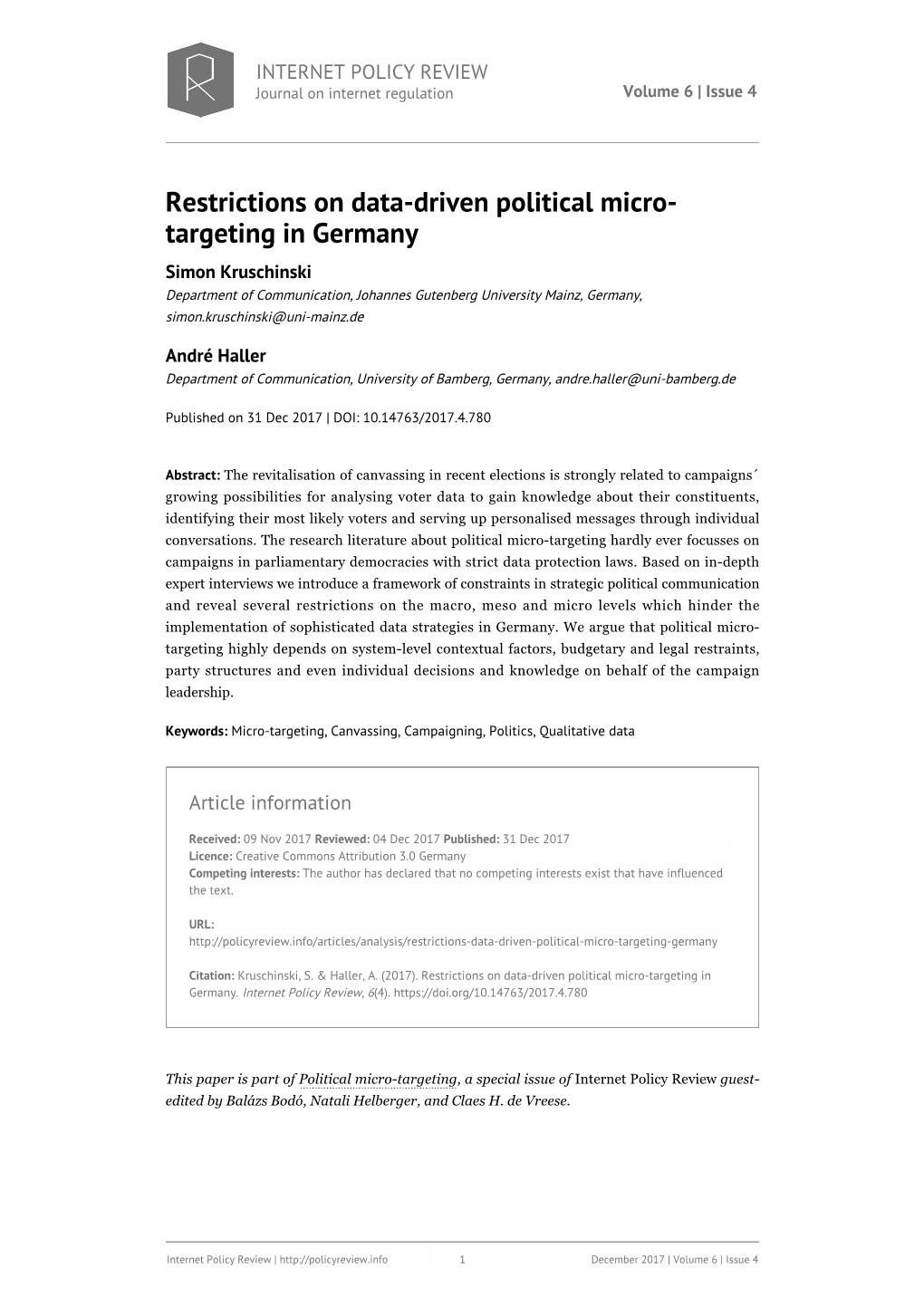 Restrictions on Data-Driven Political Micro- Targeting in Germany