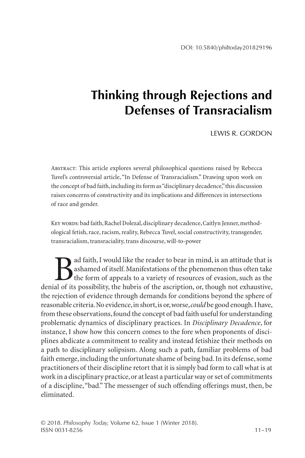 Thinking Through Rejections and Defenses of Transracialism