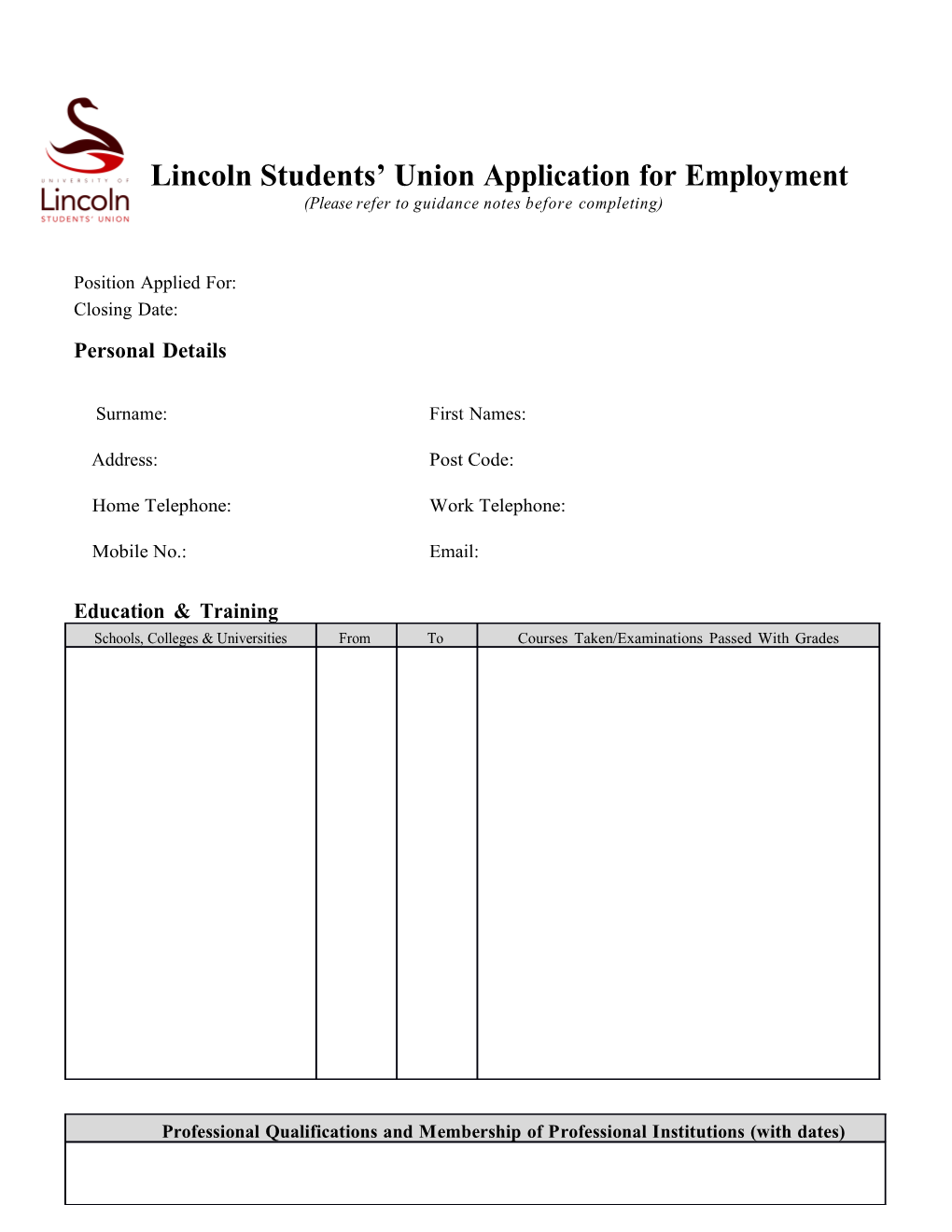 Lincoln Students Union Application for Employment