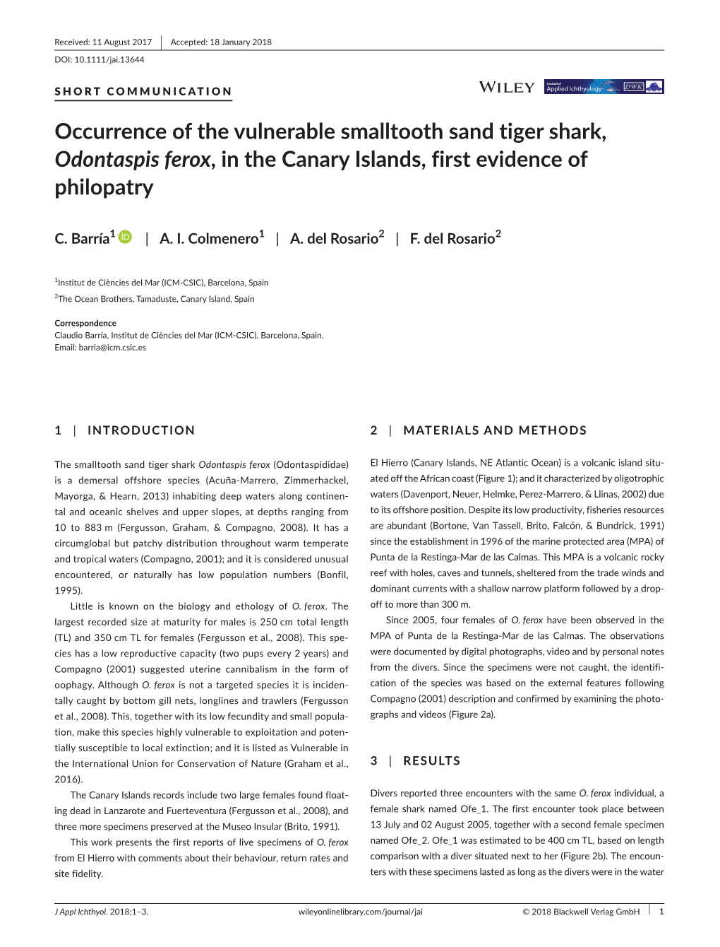 Occurrence of the Vulnerable Smalltooth Sand Tiger Shark, Odontaspis Ferox, in the Canary Islands, First Evidence of Philopatry