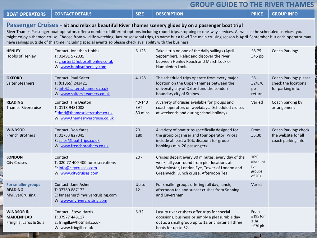 Group Guide to the River Thames Boat Operators Contact Details Size Description Price Group Info