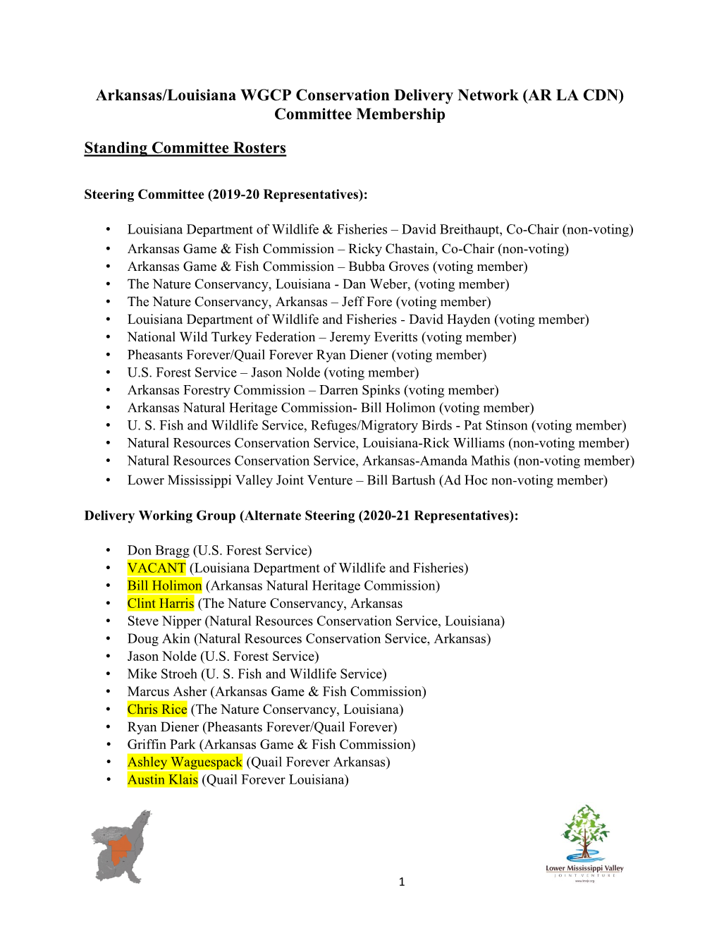 Arkansas/Louisiana WGCP Conservation Delivery Network (AR LA CDN) Committee Membership Standing Committee Rosters