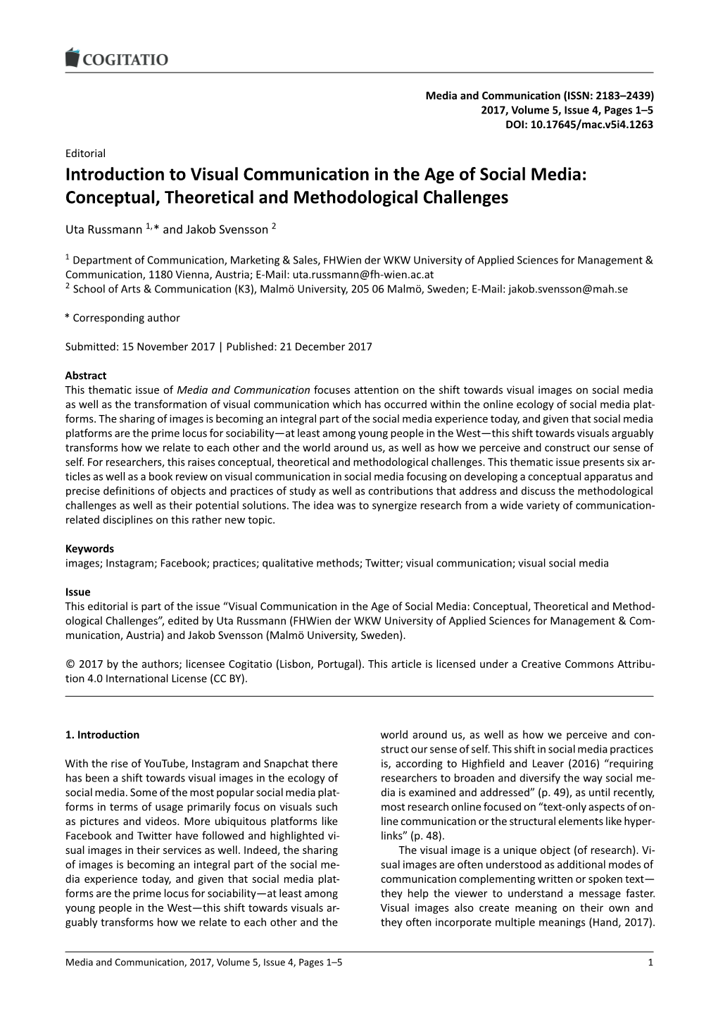 Introduction to Visual Communication in the Age of Social Media: Conceptual, Theoretical and Methodological Challenges