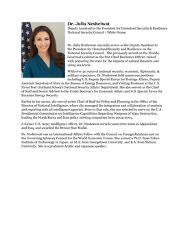 Julia Nesheiwat Deputy Assistant to the President for Homeland Security & Resilience National Security Council | White House