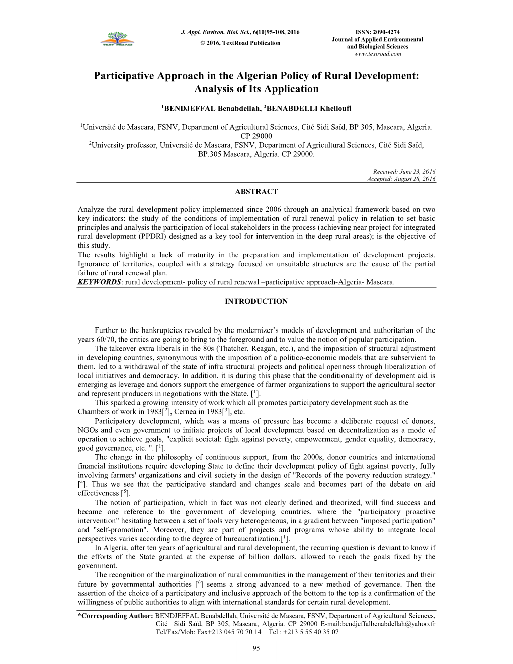 Participative Approach in the Algerian Policy of Rural Development: Analysis of Its Application