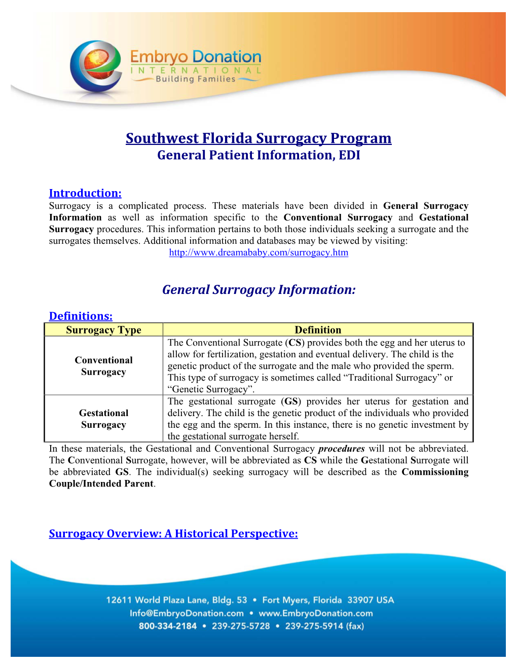 Southwest Florida Surrogacy Program General Patient Information, EDI