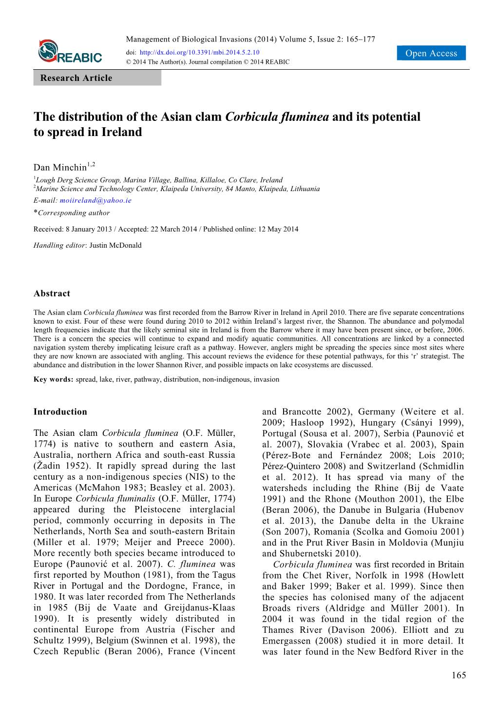 The Distribution of the Asian Clam Corbicula Fluminea and Its Potential to Spread in Ireland