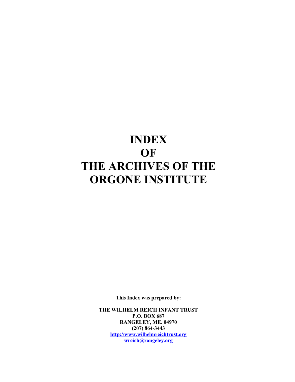 Index of the Archives of the Orgone Institute