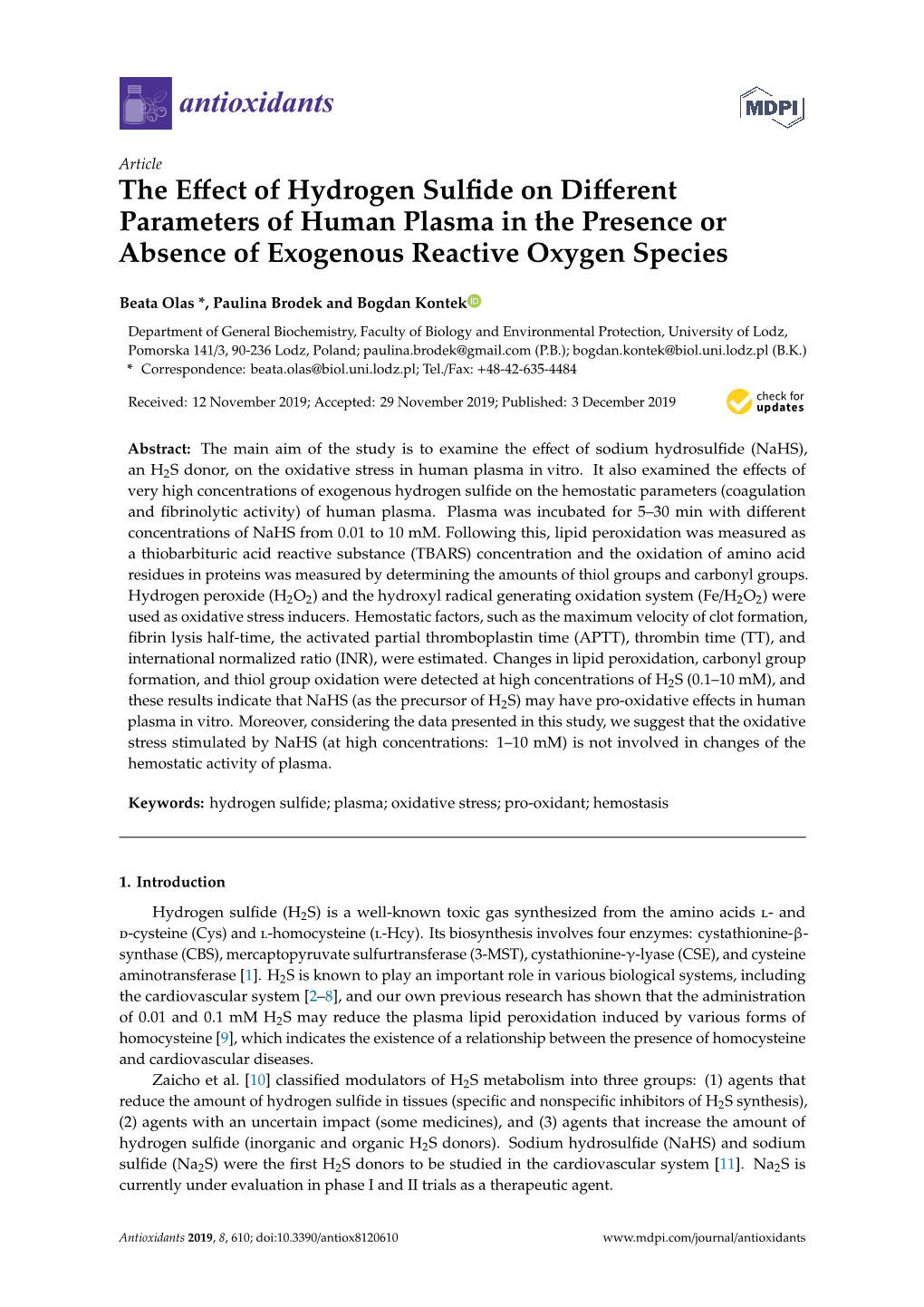 The Effect of Hydrogen Sulfide on Different Parameters of Human