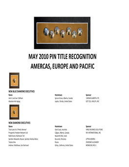 May 2010 Pin Title Recognition Amercas, Europe and Pacific