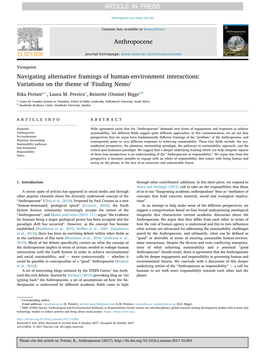 Navigating Alternative Framings of Human-Environment Interactions Variations on the Theme of 'Finding Nemo'