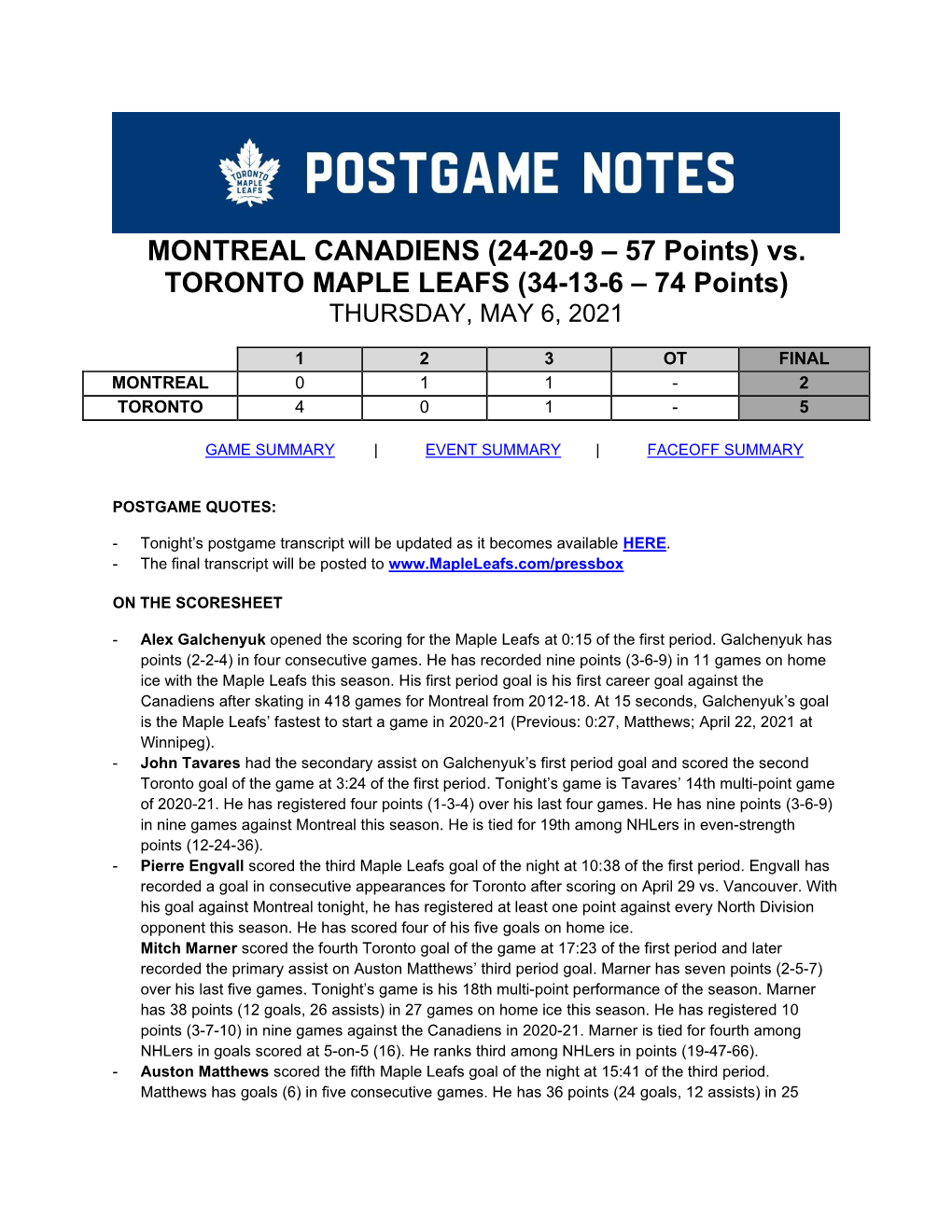 MONTREAL CANADIENS (24-20-9 – 57 Points) Vs. TORONTO MAPLE LEAFS (34-13-6 – 74 Points) THURSDAY, MAY 6, 2021