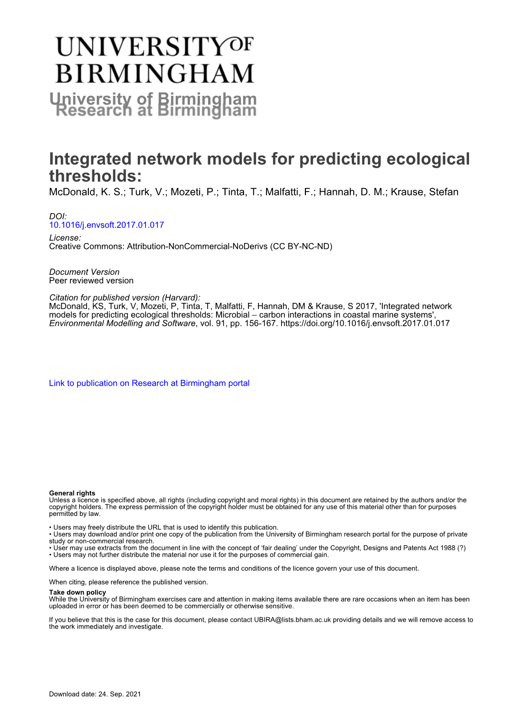 University of Birmingham Integrated Network Models for Predicting Ecological Thresholds