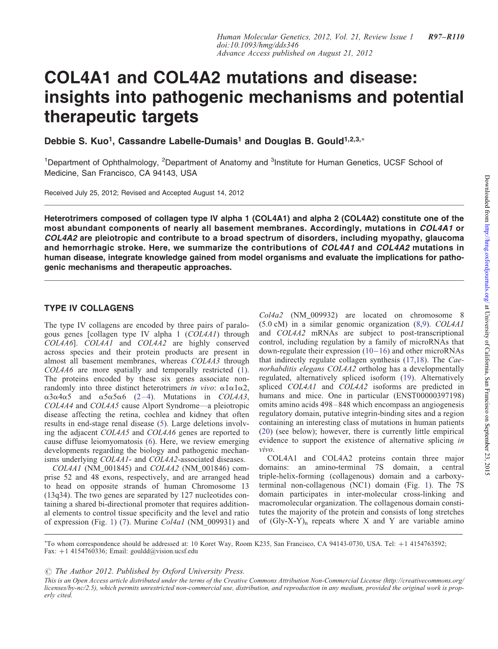 COL4A1 and COL4A2 Mutations and Disease: Insights Into Pathogenic Mechanisms and Potential Therapeutic Targets