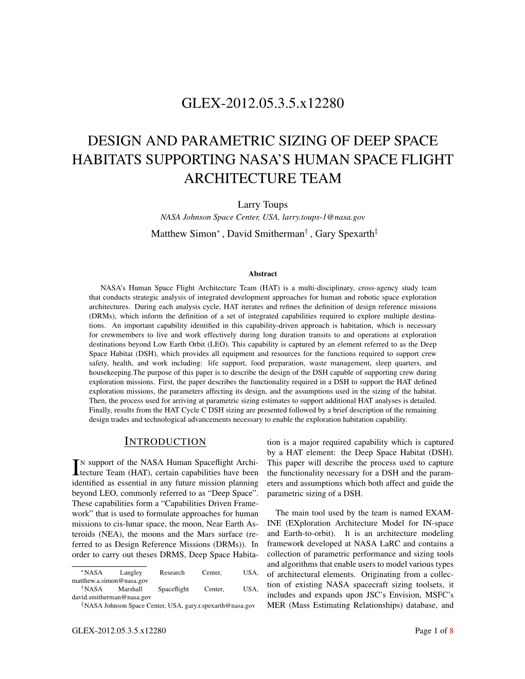 GLEX-2012.05.3.5.X12280 DESIGN and PARAMETRIC SIZING of DEEP SPACE HABITATS SUPPORTING NASA's HUMAN SPACE FLIGHT ARCHITECTURE