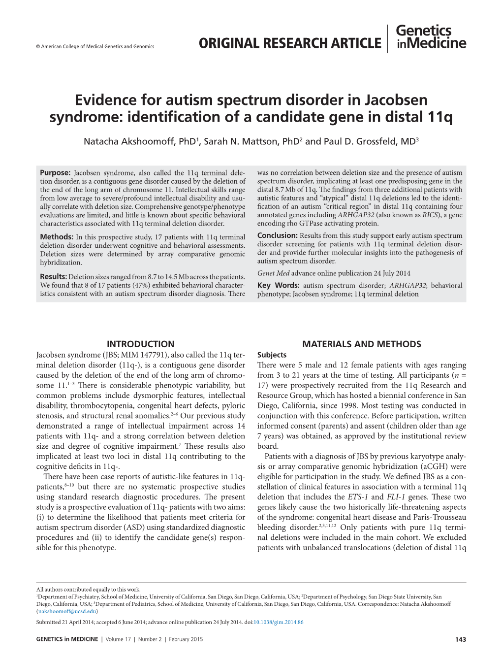 Evidence for Autism Spectrum Disorder in Jacobsen Syndrome: Identification of a Candidate Gene in Distal 11Q