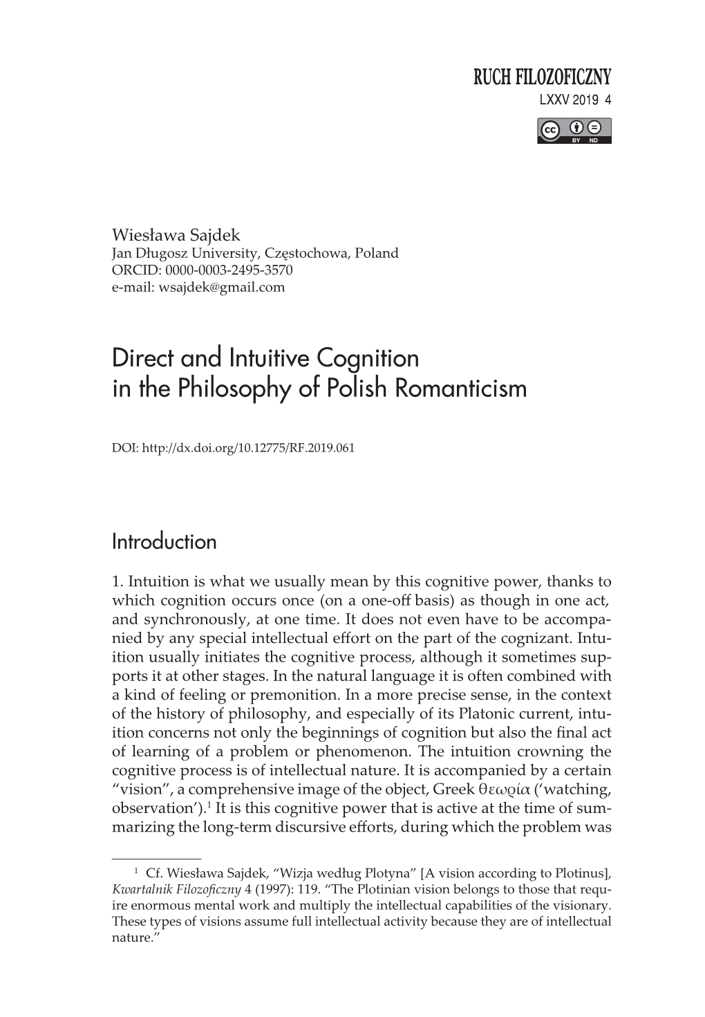 Direct and Intuitive Cognition in the Philosophy of Polish Romanticism