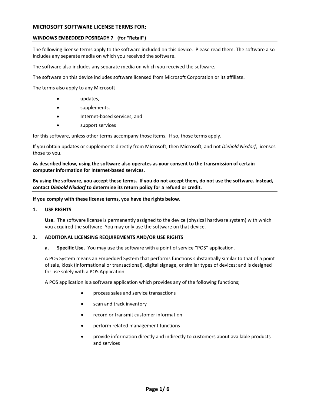 MICROSOFT SOFTWARE LICENSE TERMS FOR: Page 1/ 6