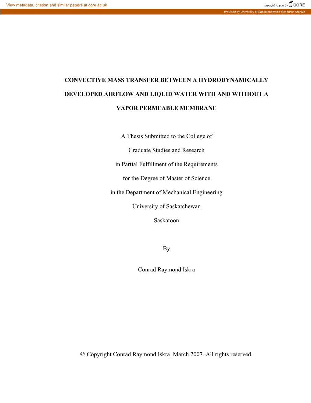 Convective Mass Transfer Between a Hydrodynamically