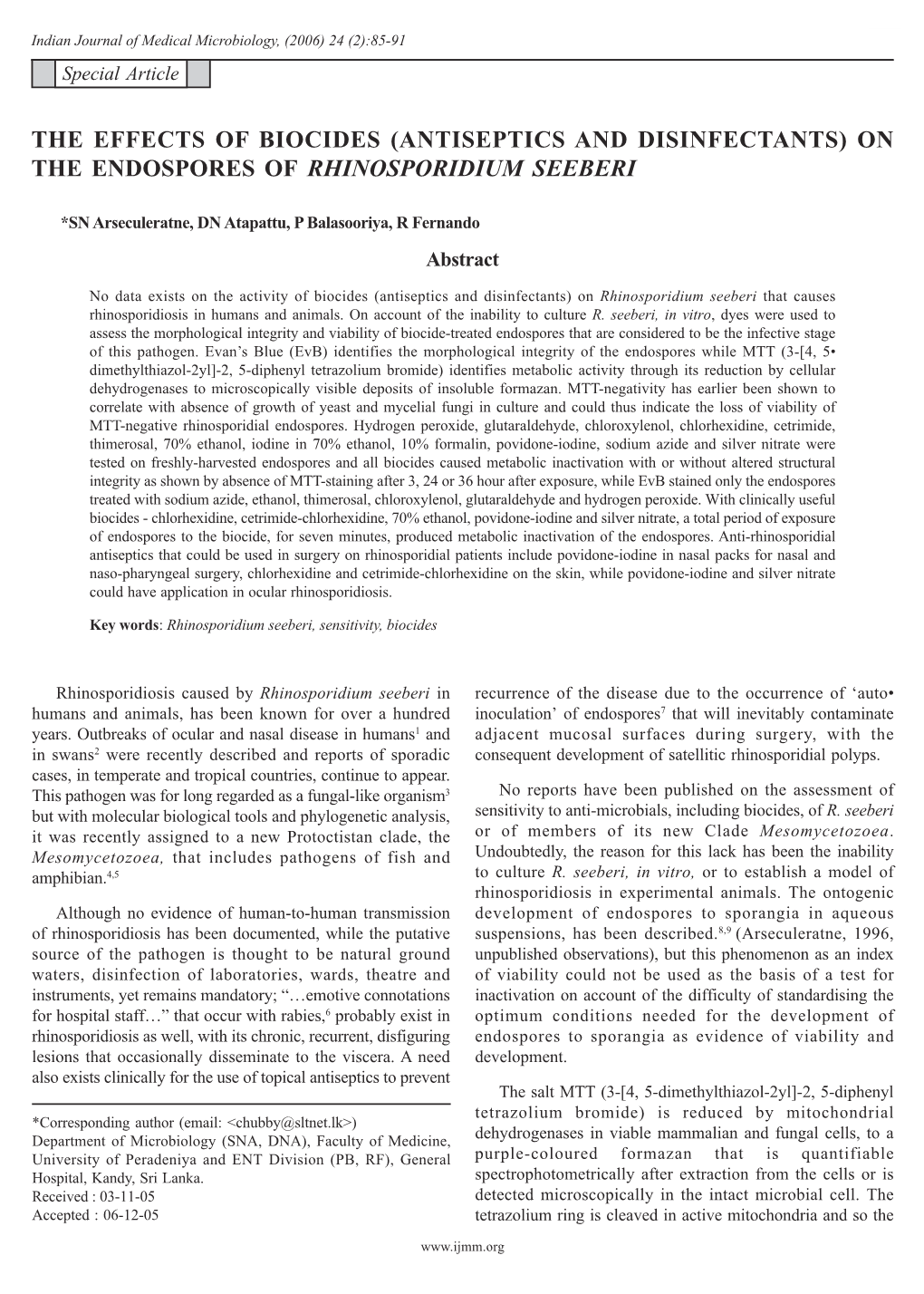 (Antiseptics and Disinfectants) on the Endospores of Rhinosporidium Seeberi