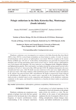 Pelagic Cnidarians in the Boka Kotorska Bay, Montenegro (South Adriatic)