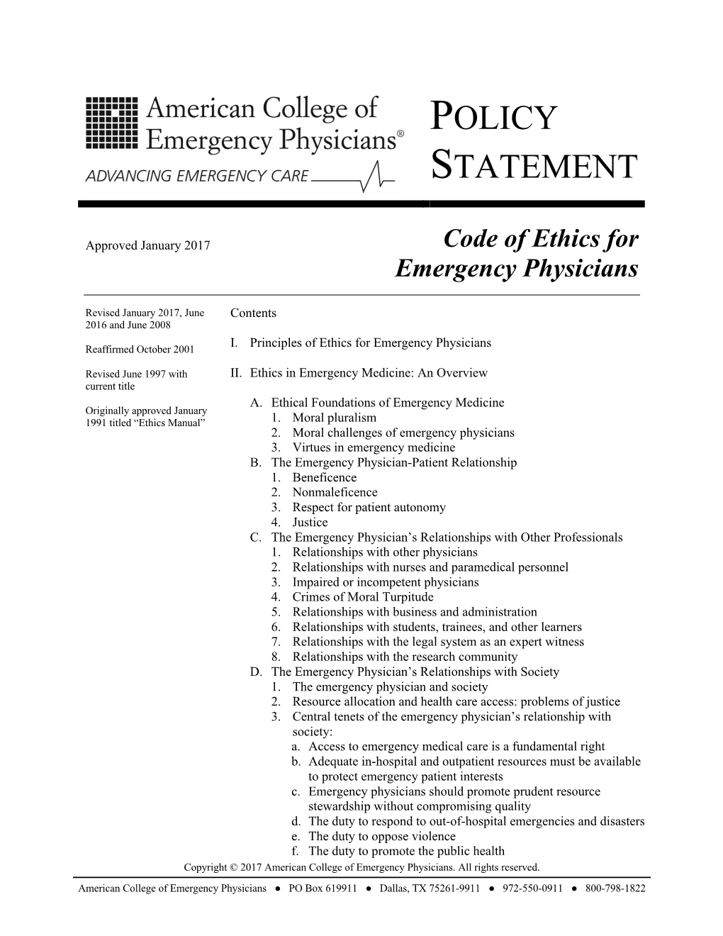 Code of Ethics for Emergency Physicians