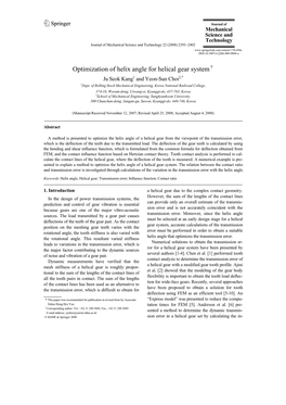 Optimization of Helix Angle for Helical Gear System† Ju Seok Kang1 and Yeon-Sun Choi2,* 1Dept