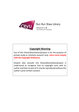 Copyright Warning Use of This Thesis/Dissertation/Project Is for the Purpose of Private Study Or Scholarly Research Only