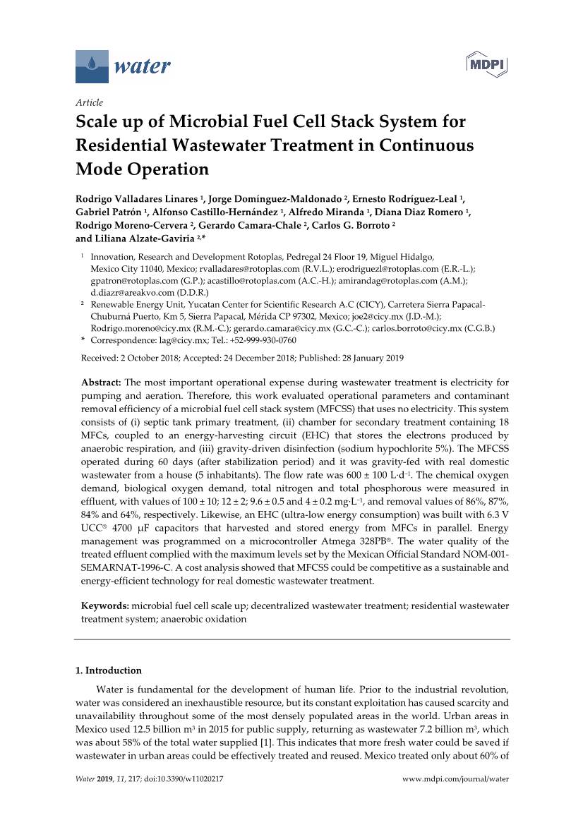 Scale up of Microbial Fuel Cell Stack System for Residential Wastewater Treatment in Continuous Mode Operation