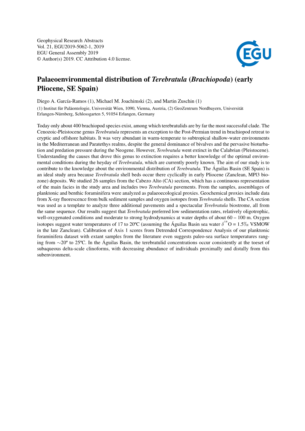 Palaeoenvironmental Distribution of Terebratula (Brachiopoda) (Early Pliocene, SE Spain)